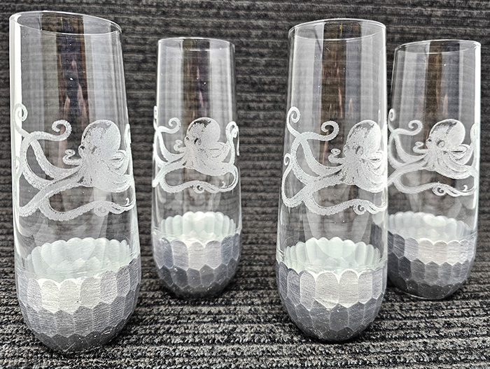 A, Faceted Silver & Glass Drinking Glasses, Octopus, Set of 4